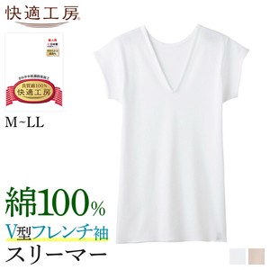 【年間定番】グンゼ　快適工房　日本製/V型フレンチ袖スリーマー　綿100%