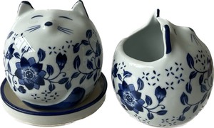 LH22030510青花 猫 皿付 植木鉢