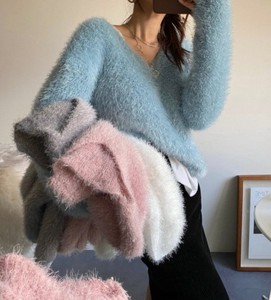 2 Fluffy Angola Texture V-neck Knitted