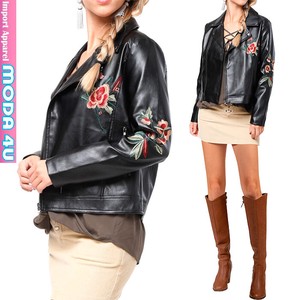 Fake Leather Rose Embroidery Patchwork Motorcycle Leather Jacket Black A6 21 11 701 3