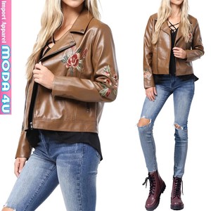 Fake Leather Rose Embroidery Patchwork Motorcycle Leather Jacket Camel A6 21 11 701 3