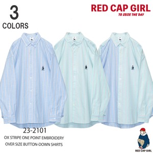 2 3 RED CAP One Point Embroidery Over Stripe Long Sleeve Shirt