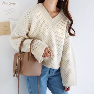Sweater/Knitwear Knitted Long Sleeves V-Neck Tops