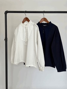 Button Shirt/Blouse Ruffle Neck Embroidered