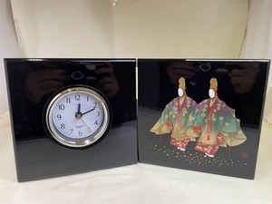 R412-11　屏風時計（小）黒塗　二人静　Folding screen clock (small), black lacquered, two people still