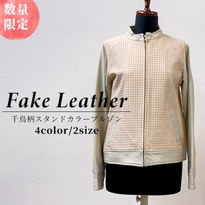 Synthetic Leather Fake Leather Stand Color Blouson Houndstooth Pattern Switch Rider