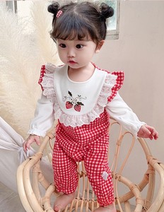 婴儿连身衣/连衣裙 短袖 小方格图案 草莓 新生儿 蕾丝