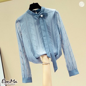 【2023新作】 EF0028 長袖刺繍チュールシャツ シアー 襟リボン スタンドネック 上品
