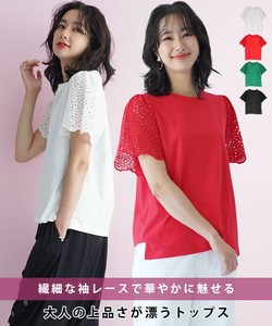T-shirt Lace Sleeve Crew Neck Cotton Cut-and-sew [2023 NEW]