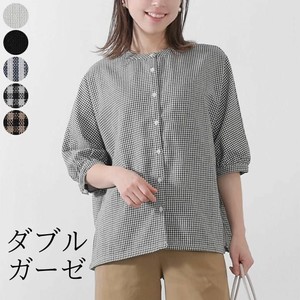 Button Shirt/Blouse Double Gauze Banded Collar Shirt