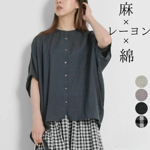 Button Shirt/Blouse Dolman Sleeve Pullover Half Sleeve Cotton Linen Band Collar Ladies'