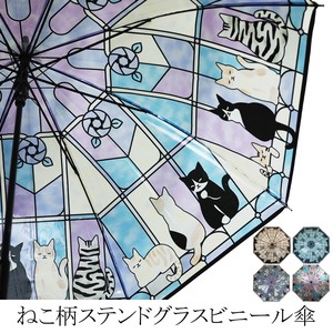 2024ss新作：春夏 ねこ柄 ステンドグラス風 ビニール ジャンプ傘　猫 ネコ雨傘