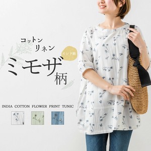 インド綿 綿麻 花柄 刺繍風 プリント　チュニック