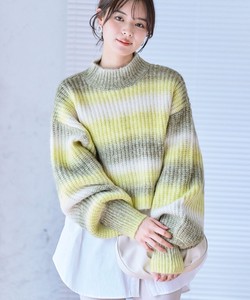 Sweater/Knitwear Knitted Gradation High-Neck Puff Sleeve Border Ladies Short Length