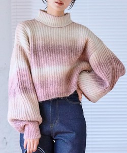 Sweater/Knitwear Knitted Gradation High-Neck Puff Sleeve Border Ladies Short Length