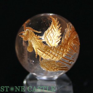 【天然石 彫刻置物】丸玉 水晶20mm (金彫り) 鳳凰 【天然石 パワーストーン】