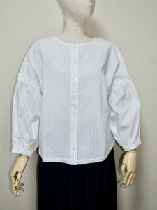 Button Shirt/Blouse Stripe Puff Sleeve