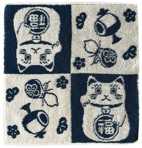 □【即納】【ロット1】今治タオルハンカチ 招き猫 青