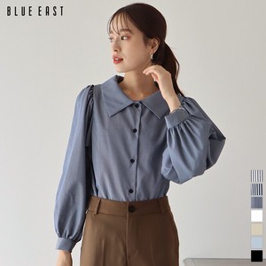 Button Shirt/Blouse Plain Color Stripe Puff Sleeve