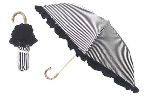 【2023新作】【晴雨兼用】【完全遮光】まるい3段折りたたみ傘　フリルストライプ　ネイビー　210494