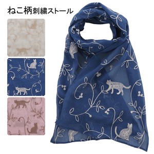2023SS 春夏ストール：ねこ柄 刺繍 細幅  UVストール UV対策