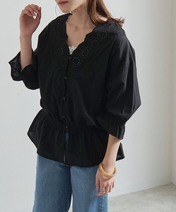 Button Shirt/Blouse Lace Blouse Cambric Cotton Scallop