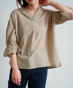 綿キャンブリック　袖スカラップ刺繍スキッパーブラウス　半袖　 SS