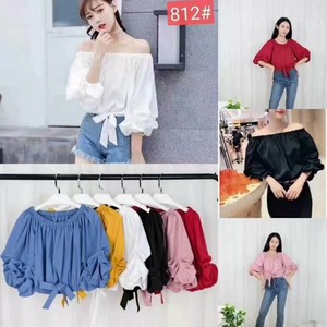 Button Shirt/Blouse Front Ribbon Design Off-The-Shoulder Puff Sleeve