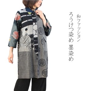 Button Shirt/Blouse Patchwork 3/4 Length Sleeve Front Opening Japanese Pattern