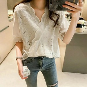 Button Shirt/Blouse Plain Color V-Neck Tops Ladies' M