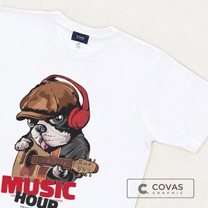 ユニセックス・プリントTシャツ　"ミュージシャン犬"　ホワイト　半袖 Tシャツ