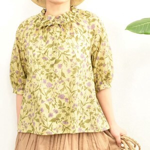 Button-Up Shirt/Blouse Ribbon Floral Pattern Made in Japan