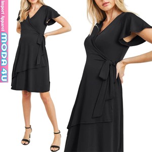 Casual Dress Plain Color black V-Neck One-piece Dress M Tiered