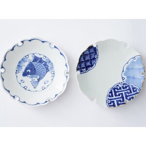 有田焼　雪輪5寸銘々皿 魚紋と雪輪紋の2枚セット 日本製 取皿 菓子皿 盛皿 ケーキ皿
