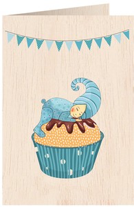 【経年変化商品／本物の証】天然木100％のグリーティングカード☆誕生日☆青いカップケーキ