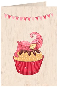 【経年変化商品／本物の証】】天然木100％のグリーティングカード☆誕生日☆ピンクのカップケーキ