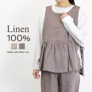 【新色】麻100%　リネン 　サイドリボン　ギャザー　ベスト　Vest