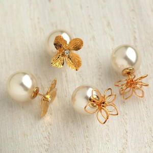 Clip-On Earrings Gold Post Pearl Flower 2Way Jewelry Made in Japan