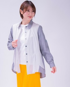 【特価】 ミセスファッション 切替ストライプシャツ UVカット 日除け 夏 ブラウス シャツ