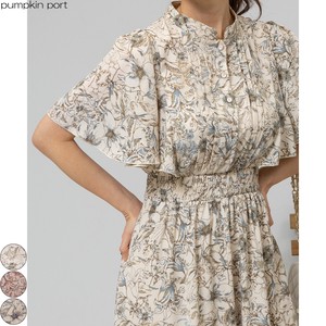 Casual Dress Pintucked Pearl Button Floral Pattern One-piece Dress