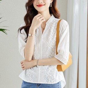Button Shirt/Blouse Half Sleeve Plain Color V-Neck Ladies' NEW