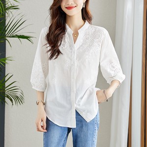 Button Shirt/Blouse Plain Color V-Neck Ladies' M