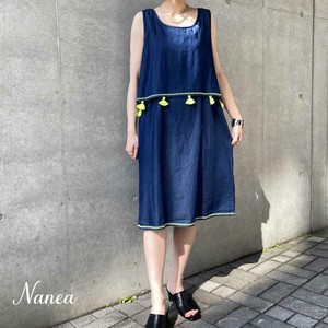 【SS限定/NANEA・LUMI】4ozデニム・ネオンカラー刺繍/フリンジデザインワンピース