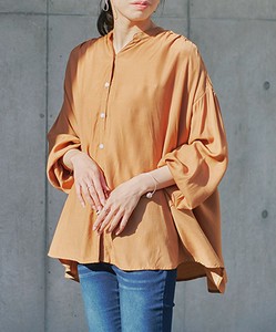 ★Vネックギャザーブラウス　SS　シャツ　バンドカラー
