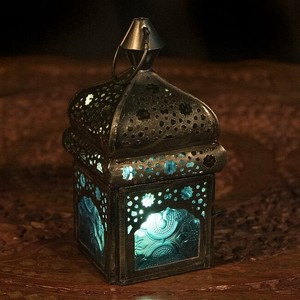 モロッコスタイルの透かし彫りLEDキャンドルランタン〔ロウソク風LEDキャンドル付き〕 - 〔ブルー〕約13.5