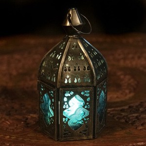モロッコスタイルの透かし彫りLEDキャンドルランタン〔ロウソク風LEDキャンドル付き〕 - 〔ブルー〕約12.5