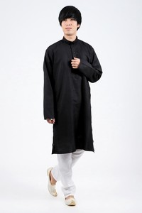 シンプルブラック　クルタ・パジャマ上下セット　インドの男性民族衣装