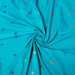 〔1m切り売り〕インドのカラフルリーフ模様のシンプルコットン布〔幅約113cm〕 - ブルーターコイズ系