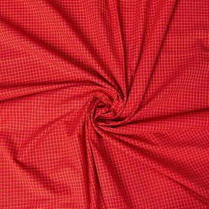 〔1m切り売り〕南インドのシンプルコットン　チェック模様布〔幅約119cm〕 - 赤系