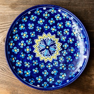 〔大皿 直径：25.5cm〕ブルーポッタリー ジャイプール陶器の円形飾り皿 小花柄